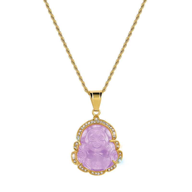 Buddha Stones 18K Gold Filled Laughing Buddha Jade Luck Necklace Chain Pendant - Light Purple - image 16