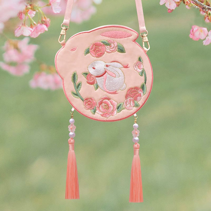 Buddha Stones Embroidery Lucky Panda Cat Shiba Inu Deer Rabbit Fox Flower Cute Animal Hanfu Bag Crossbody Bag Shoulder Bag - White Rabbit Flower - image 31
