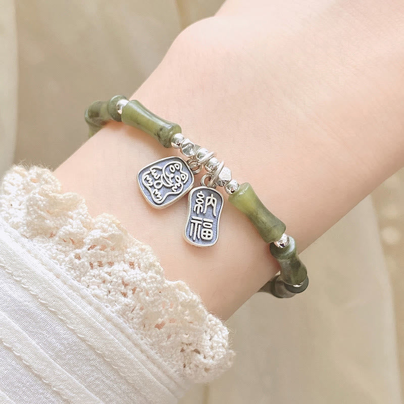 Buddha Stones 925 Sterling Silver Bamboo Jade Lucky Cat Fu Character Luck Abundance Bracelet - image 8