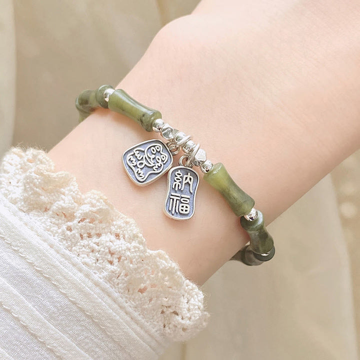 Buddha Stones 925 Sterling Silver Bamboo Jade Lucky Cat Fu Character Luck Abundance Bracelet - image 8