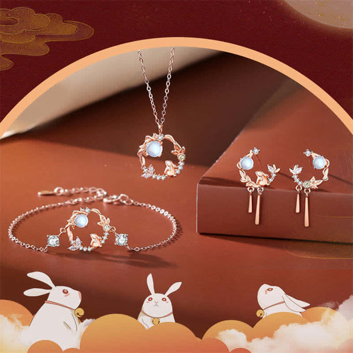 925 Sterling Silver Year of the Rabbit Moonstone Moon Flower Pattern Necklace Pendant Bracelet Earrings - image 9