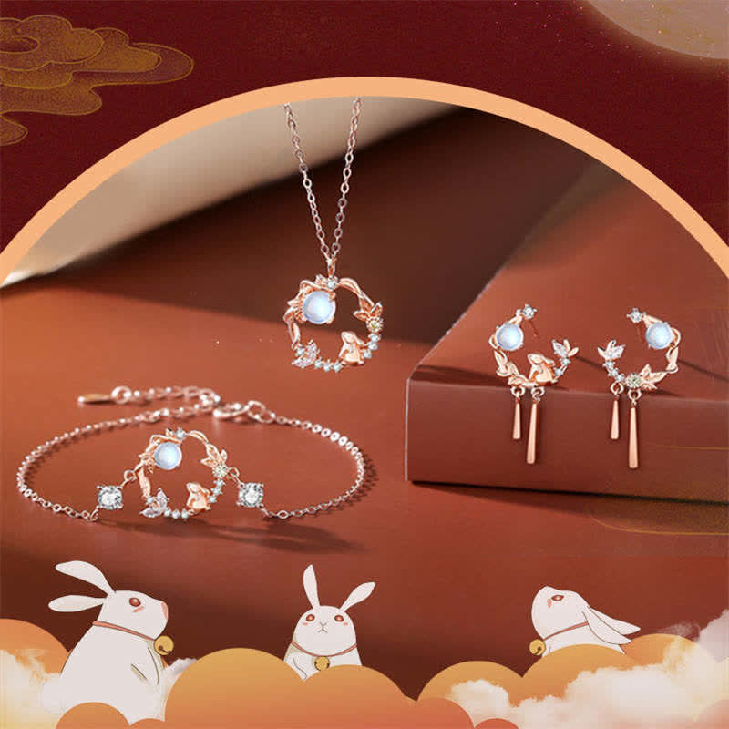 925 Sterling Silver Year of the Rabbit Moonstone Moon Flower Pattern Necklace Pendant Bracelet Earrings - image 9