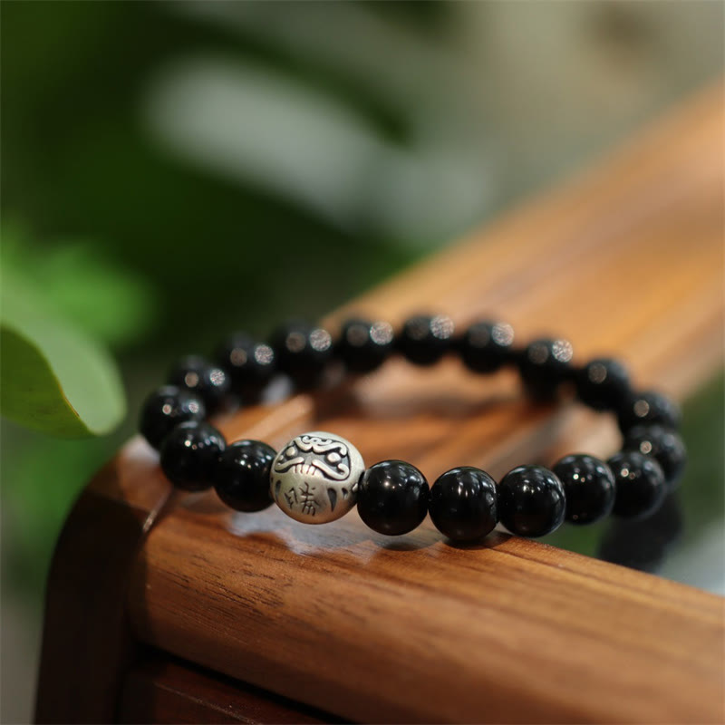 Buddha Stones 925 Sterling Silver Black Onyx Bead Character Engraved Protection Bracelet - Black Onyx(Protection♥Fortune) - image 0