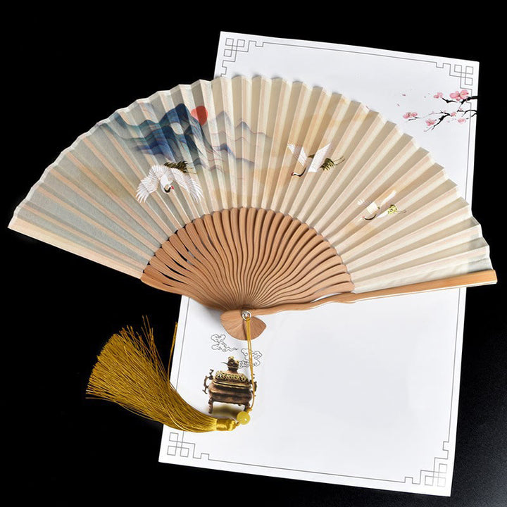 Buddha Stones Vintage Cloud Crane Pattern Handheld Bamboo Folding Fan - Cloud Crane Brown - image 11