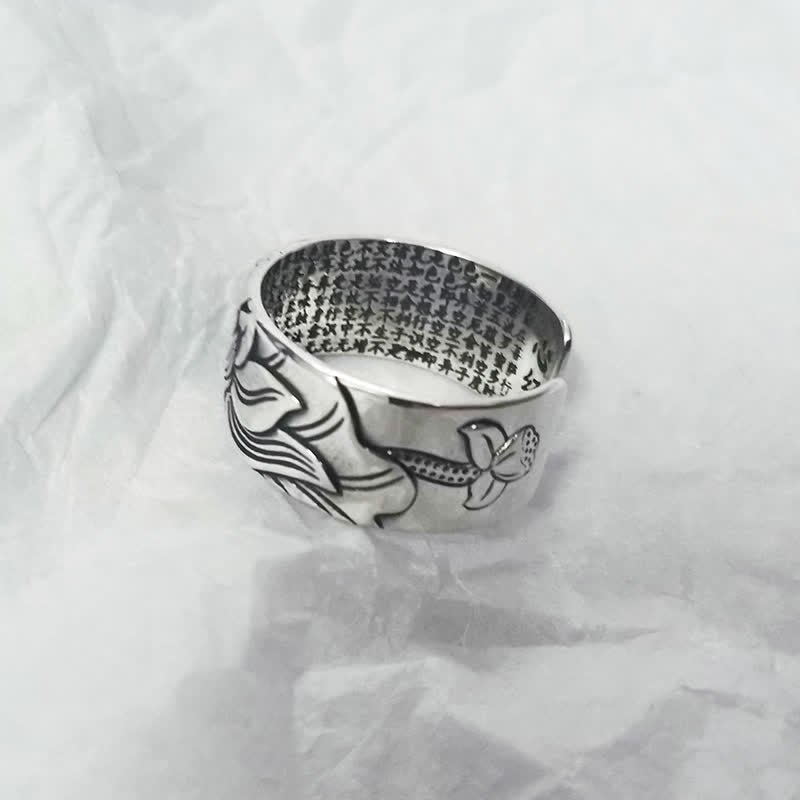 Buddha Stones 999 Sterling Silver Lotus Symbol Heart Sutra Protection Ring - image 5