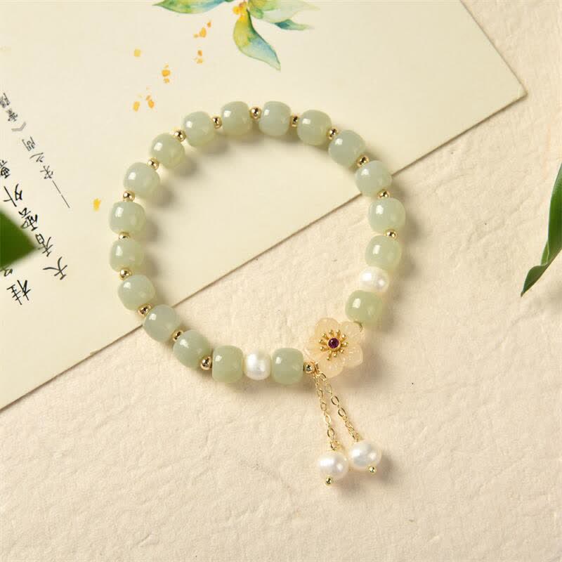 Buddha Stones Hetian Jade Flower Pearl Happiness Abundance Bracelet - image 3
