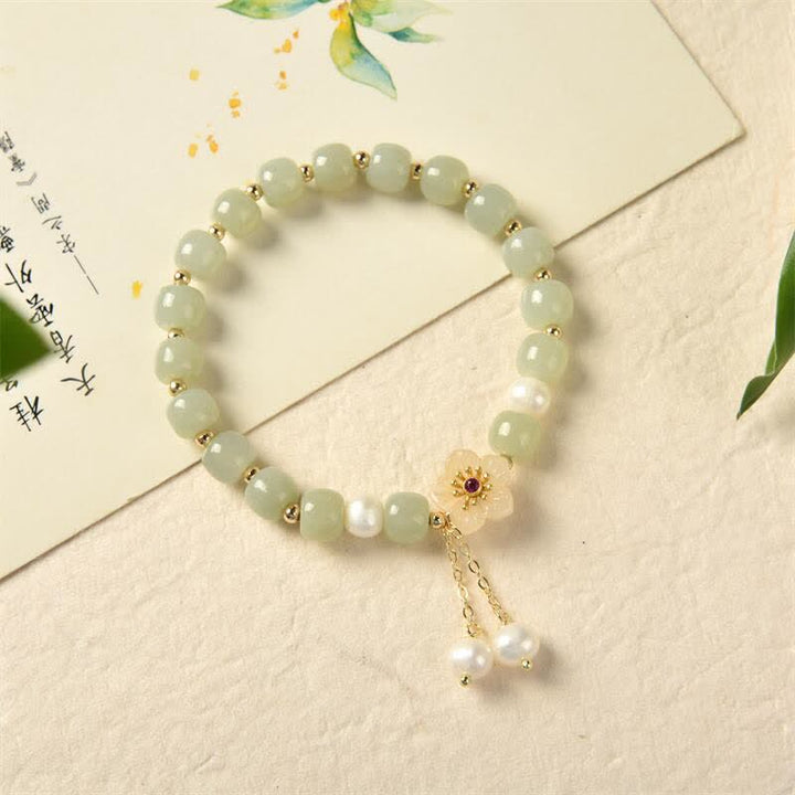 Buddha Stones Hetian Jade Flower Pearl Happiness Abundance Bracelet - image 3