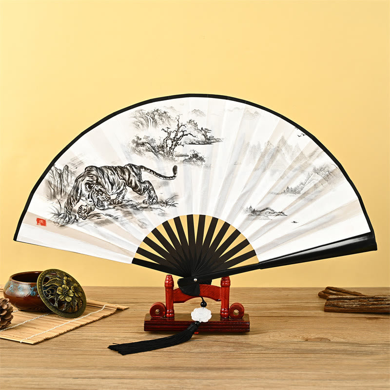 Buddha Stones Vintage Phoenix Nine Tailed Fox Flower Bamboo Tiger Handheld Folding Fan Lotus Tassel Fan - Tiger and Mountain - image 12