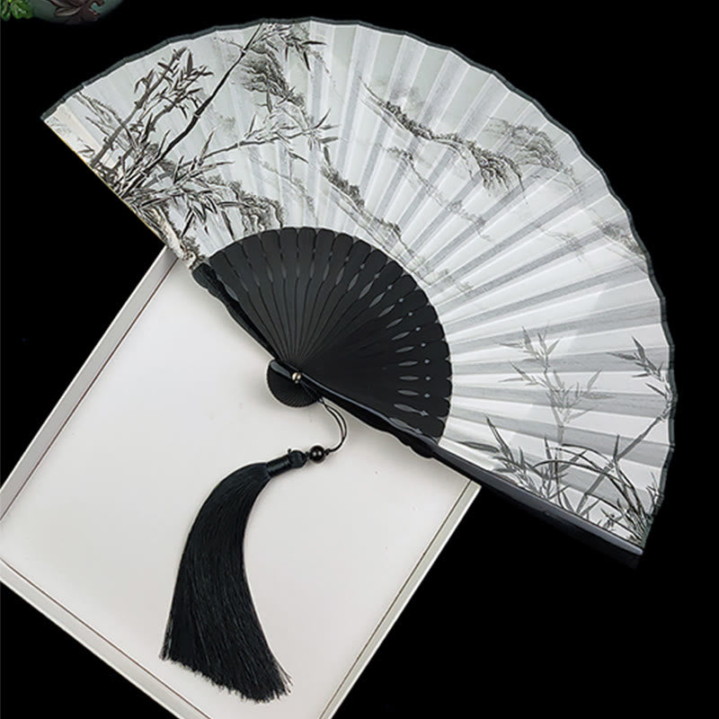 Buddha Stones Vintage Bamboo Peony Butterfly Lotus Handheld Silk Folding Fan With Bamboo Frames - Bamboo Mountain - image 1