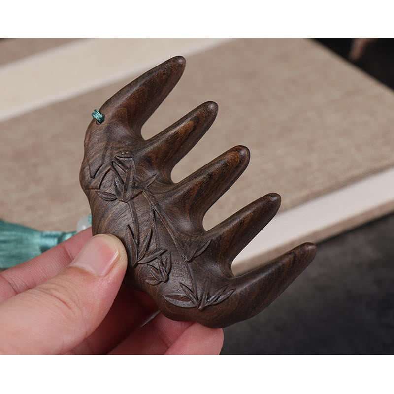 Green Sandalwood Plum Blossom Flowers Lotus Koi Fish Engraved Soothing Tassel Comb - image 4