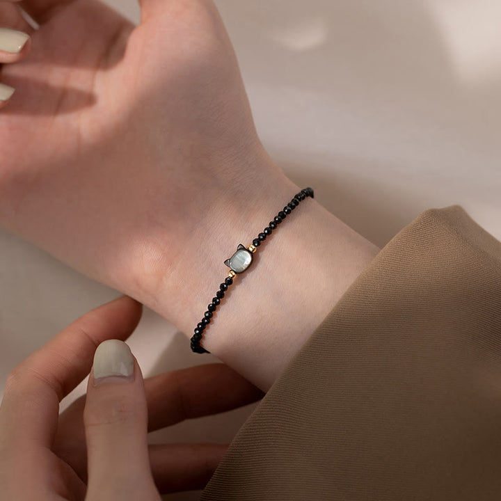 Buddha Stones 14K Gold Plated Black Spinel White Crystal Cute Cat Tridacna Stone Healing Bracelet - image 5