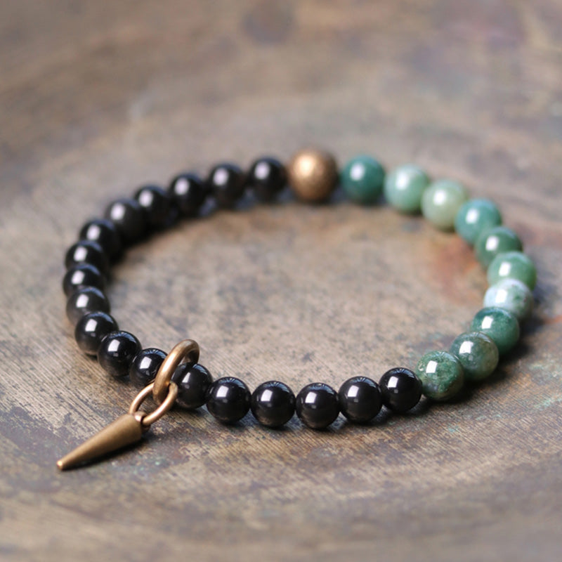 Buddha Stones Black Obsidian Sodalite Crystal Copper Strength Couple Bracelet - Black Obsidian&Moss Agate - 18cm - image 10