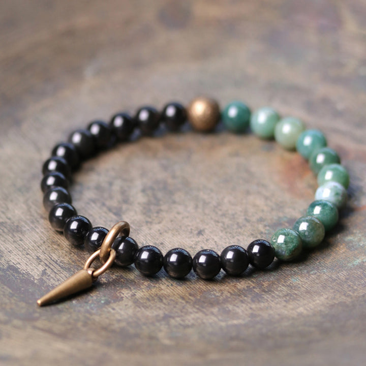 Buddha Stones Black Obsidian Sodalite Crystal Copper Strength Couple Bracelet - Black Obsidian&Moss Agate - 18cm - image 10