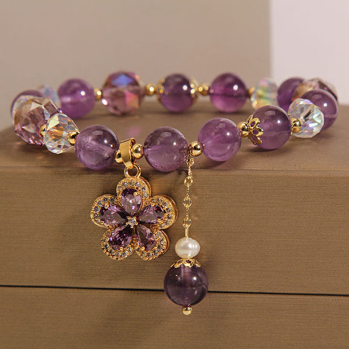 Natural Amethyst Pearl Flower Charm Positive Transformation Bracelet - image 7