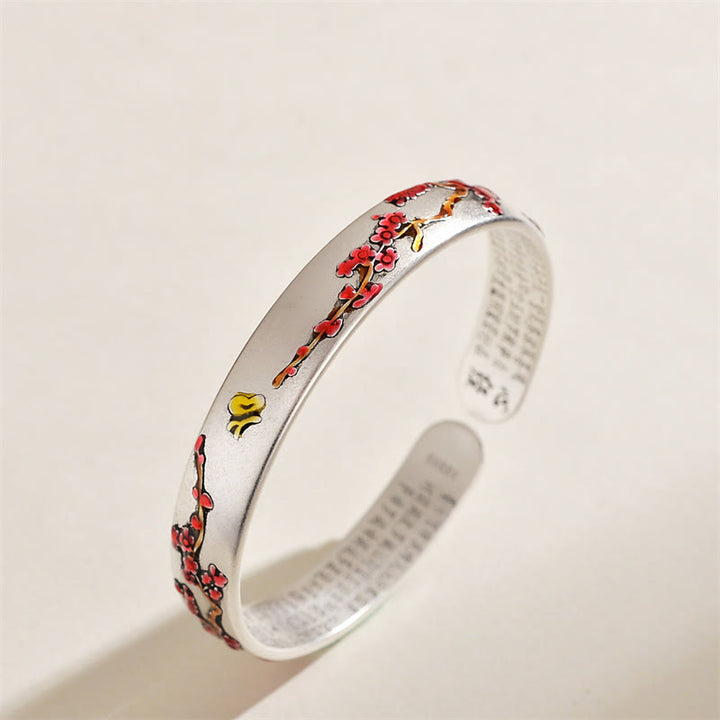 Buddha Stones Plum Blossom Chrysanthemum Flower Design Heart Sutra Healing Bracelet Cuff Bangle - Plum Blossom - image 0
