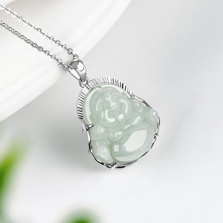 Buddha Stones Laughing Buddha Jade Luck Calm Titanium Steel Chain Necklace Pendant - image 3
