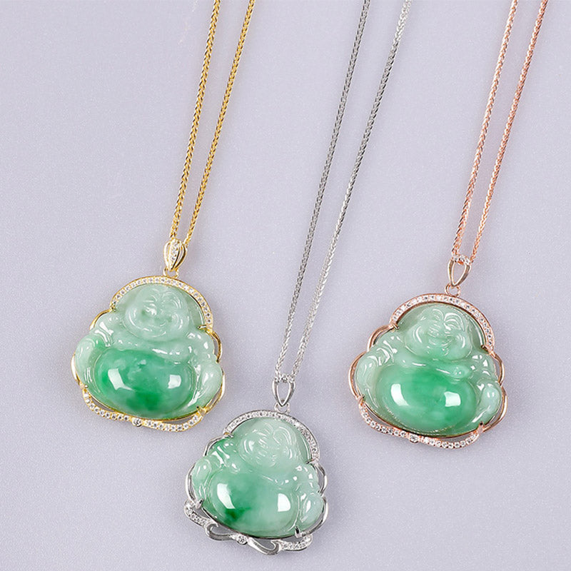 925 Sterling Silver Laughing Buddha Natural Jade Prosperity Necklace Chain Pendant - image 9