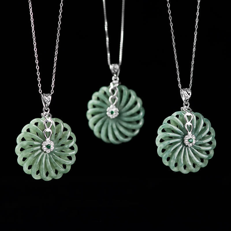 Buddha Stones 925 Sterling Silver Natural Round Jade Peace Buckle Abundance Necklace Pendant - image 3