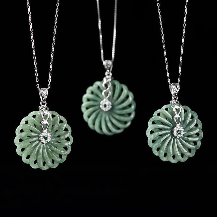 Buddha Stones 925 Sterling Silver Natural Round Jade Peace Buckle Abundance Necklace Pendant - image 3