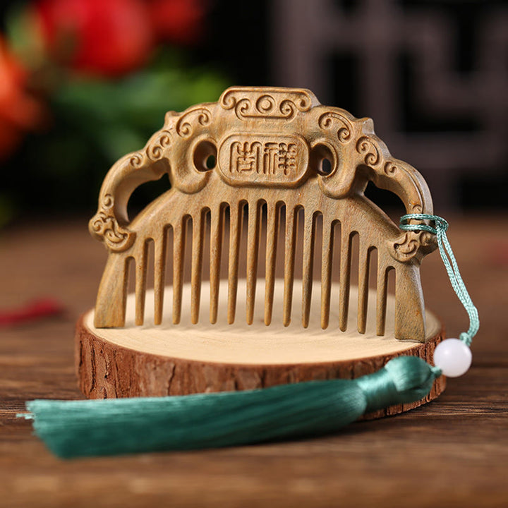 Green Sandalwood Fox Peony Flower Lotus Engraved Cure Tassel Comb - Auspicious Green Sandalwood - image 5