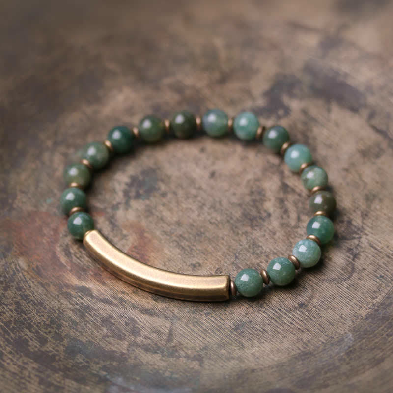 Buddha Stones Red Jasper Moss Agate Black Obsidian Crystal Copper Peace Couple Bracelet - Moss Agate Single Wrap Bracelet - 18cm - image 16