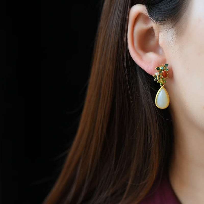 Buddha Stones Water Drop White Jade Red Agate Butterfly Protection Drop Dangle Earrings - image 4