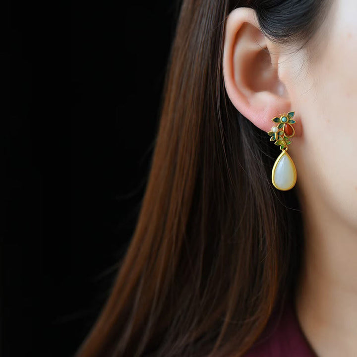 Buddha Stones Water Drop White Jade Red Agate Butterfly Protection Drop Dangle Earrings - image 4