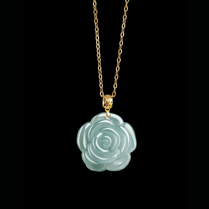 Buddha Stones 18K Gold 925 Sterling Silver Natural Jade Rose Luck Necklace Pendant - image 2