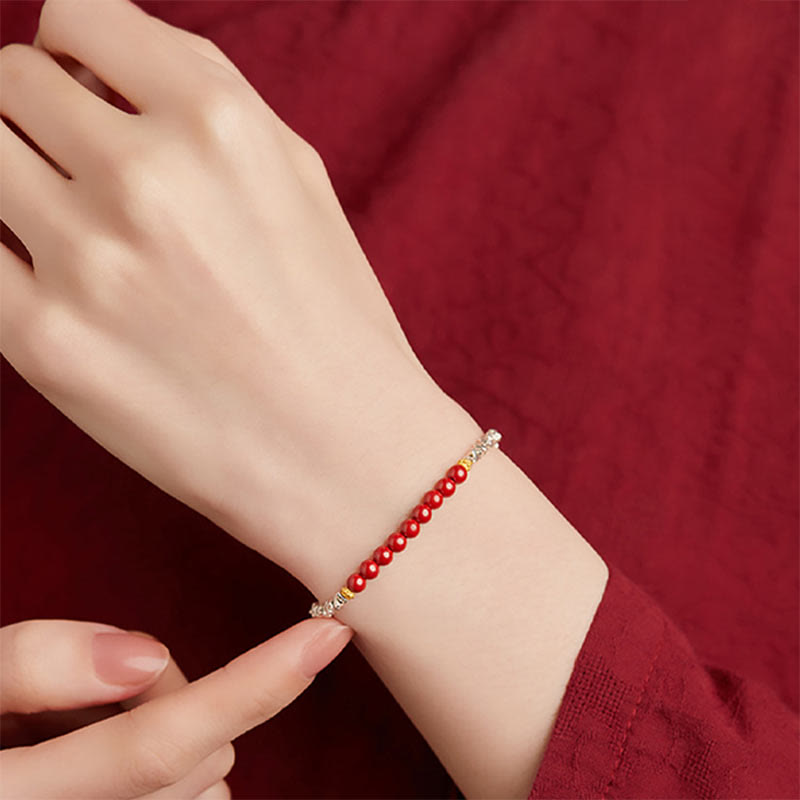 Buddha Stones 925 Sterling Silver Cinnabar Fu Character Blessing Bracelet - image 1