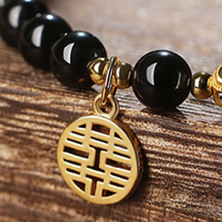 Buddha Stones Natural Black Obsidian Hetian Jade Gourd Double Happiness Strength Bracelet - image 6