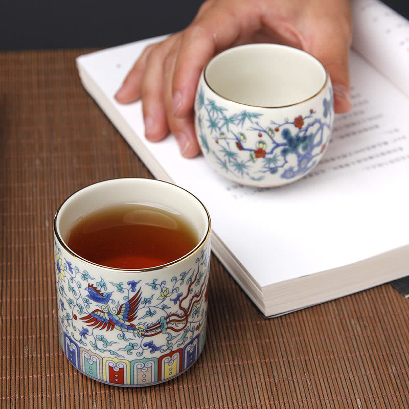 Buddha Stones Vintage Plum Blossom Pine Bamboo Phoenix Kirin Lion Dancing Ceramic Teacup Tea Cups - image 15