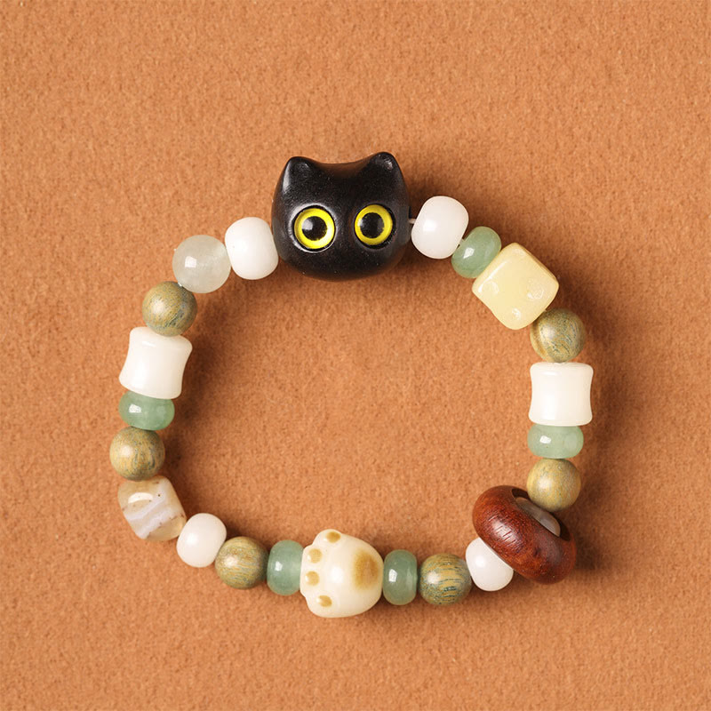 Buddha Stones Bodhi Seed Green Sandalwood Ebony Wood Small Leaf Red Sandalwood Cat Head Paw Claw Peace Bracelet - Ebony Wood Cat(Yellow Eyes)(Wrist Circumference 14-16cm) - image 14