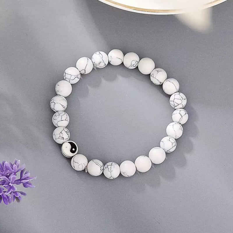 Buddha Stones 3pcs Natural White Turquoise Frosted Stone Bead Yin Yang Wealth Bracelet - image 6