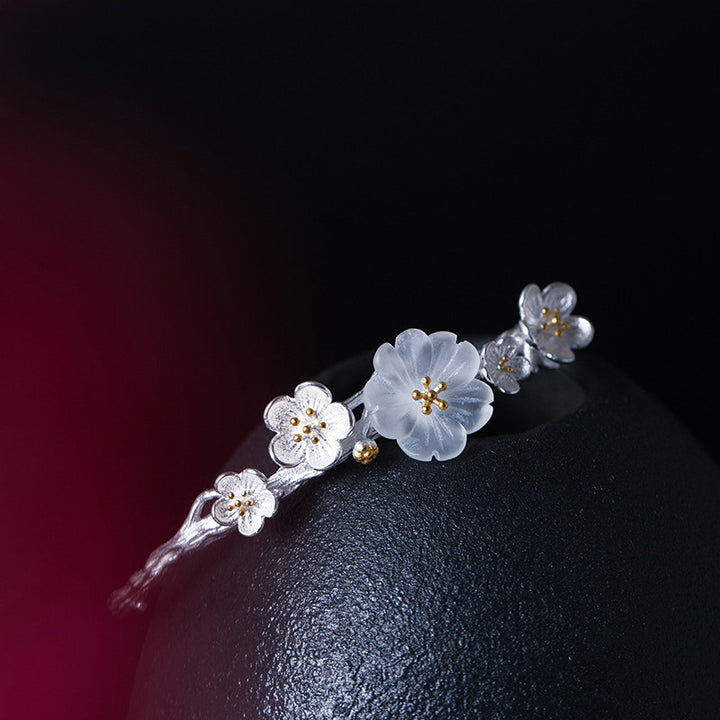 Buddha Stones 925 Sterling Silver Plum Flower Blessing Bracelet Adjustable Bangle - image 3