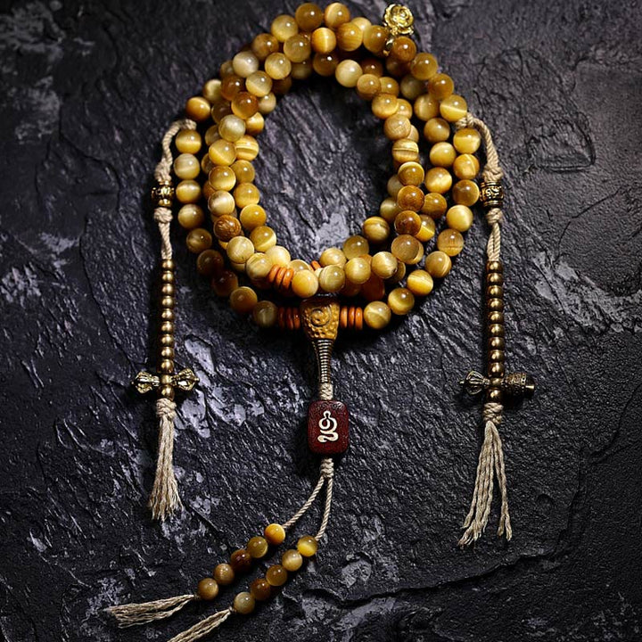 Buddha Stones 108 Mala Beads Natural Tiger Eye Copper Dorje Protection Tassel Bracelet - 6mm - Tiger Eye - Copper Dorje - image 6