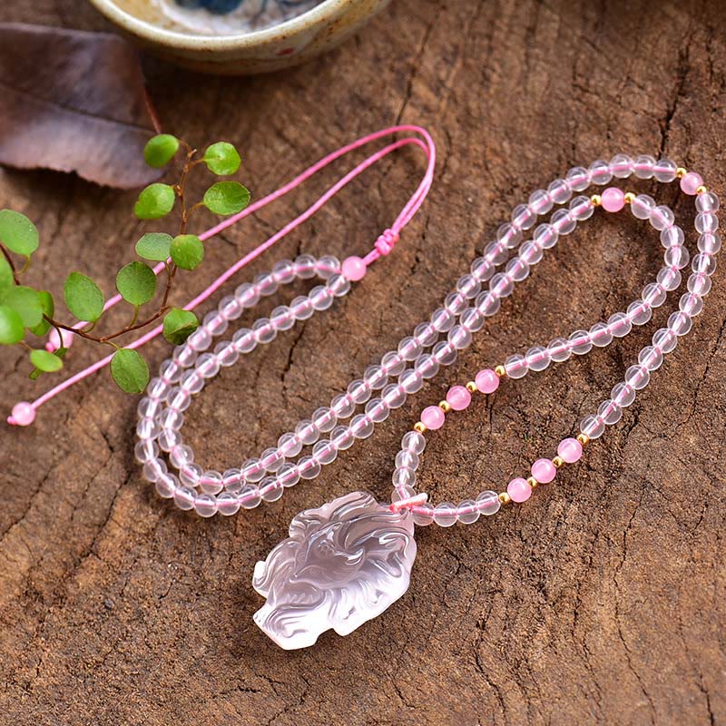Buddha Stones Natural Pink Crystal Nine Tailed Fox Love Necklace Pendant - image 4