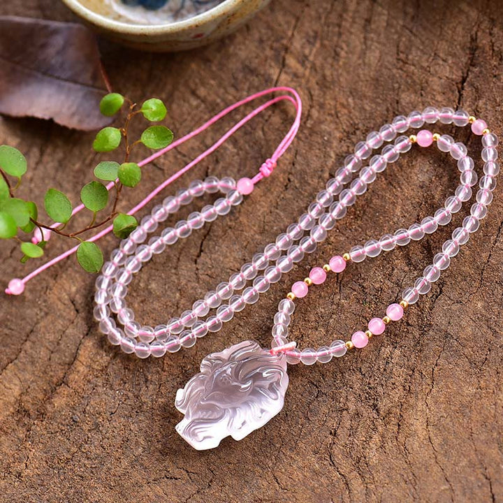 Buddha Stones Natural Pink Crystal Nine Tailed Fox Love Necklace Pendant - image 4
