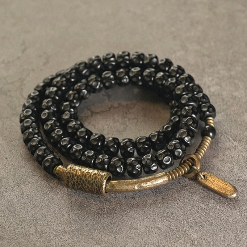 Buddha Stones Retro Coconut Shell Brass Copper Happiness Triple Wrap Bracelet - image 3