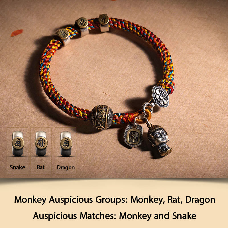 Buddha Stones Handmade Tibetan 925 Sterling Silver Chinese Zodiac Natal Buddha Zakiram Goddess of Wealth Protection Multicolored Rope Braided Bracelet - Monkey-Tathagata - 17-19cm - image 14