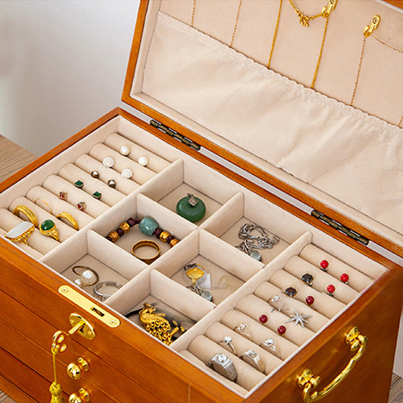 Buddha Stones Retro Solid Wood Jewelry Box Four-Layer Wooden Jewelry Storage Box - image 17