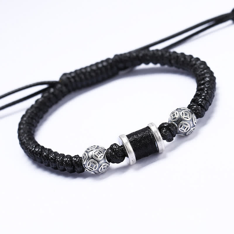 Buddha Stones 999 Sterling Silver Copper Coin Bead Copper Balance Braided String Bracelet - Silver Black - image 9