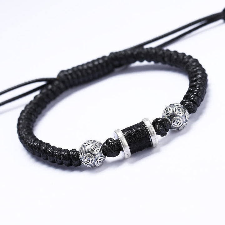 Buddha Stones 999 Sterling Silver Copper Coin Bead Copper Balance Braided String Bracelet - Silver Black - image 9