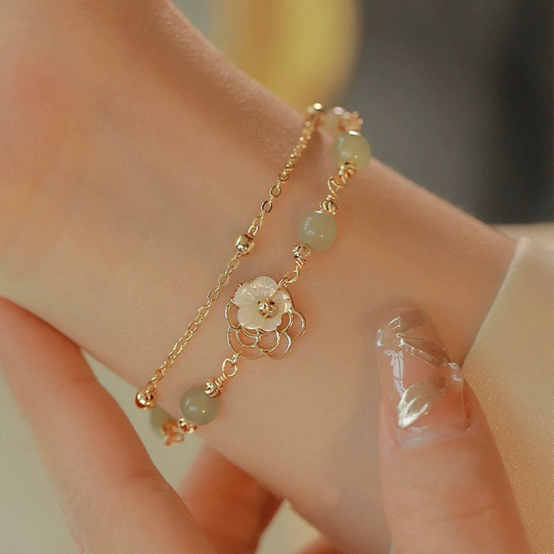 Buddha Stones 14K Gold Plated Jade Butterfly Tridacna Stone Flower Double Layer Luck Bracelet - image 11
