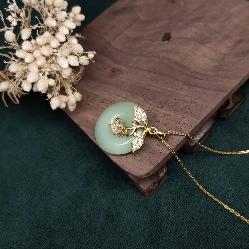 Buddha Stones Round Jade Leaf Blessing Fortune Necklace Chain Pendant - image 5