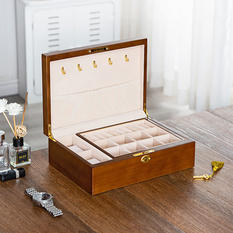 Buddha Stones Vintage Wooden Jewelry Box Two-Layer Solid Wood Jewelry Storage Box - image 9