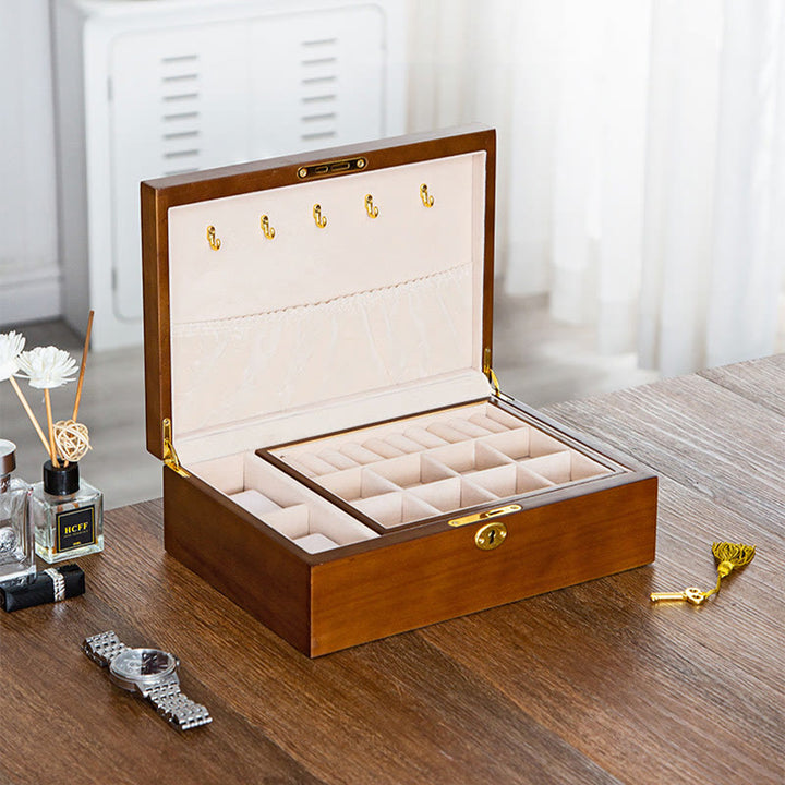 Buddha Stones Vintage Wooden Jewelry Box Two-Layer Solid Wood Jewelry Storage Box - image 9