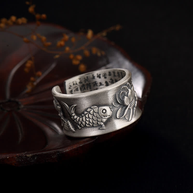 Buddha Stones 999 Sterling Silver Luck Koi Fish Lotus Heart Sutra Wealth Ring - Koi Fish (Luck ♥ Prosperity) - image 0