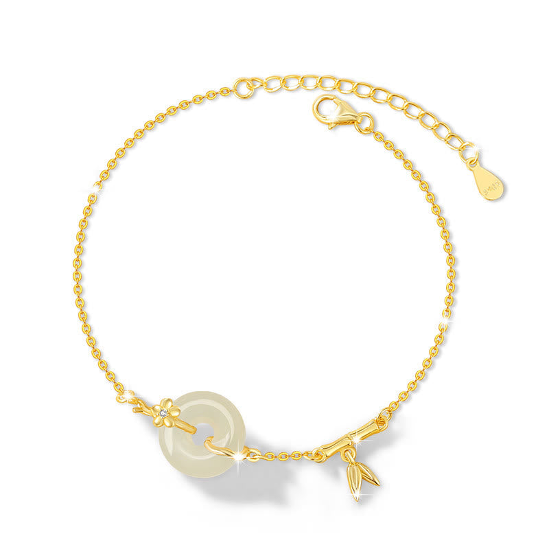Buddha Stones 925 Sterling Silver Hetian Jade Chalcedony Peace Buckle Bamboo Leaf Prosperity Chain Bracelet - image 4