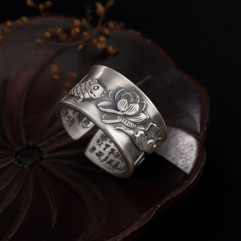 Buddha Stones 999 Sterling Silver Luck Koi Fish Lotus Heart Sutra Wealth Ring - image 1