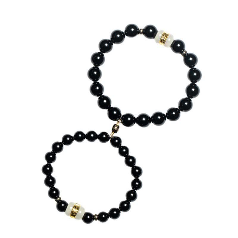 Buddha Stones Black Obsidian Jade Om Mani Padme Hum Strength Couple Magnetic Bracelet - image 16